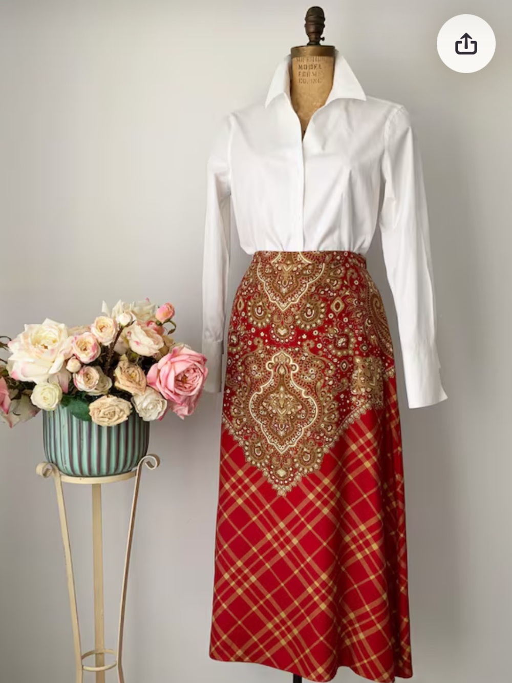 VINTAGE 90’s Jones New York County Silk Paisley Red & Tan Maxi Skirt, Size 14